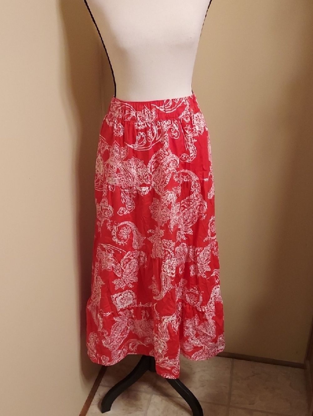 Chaps Red and White Floral Tiered Maxi Skirt